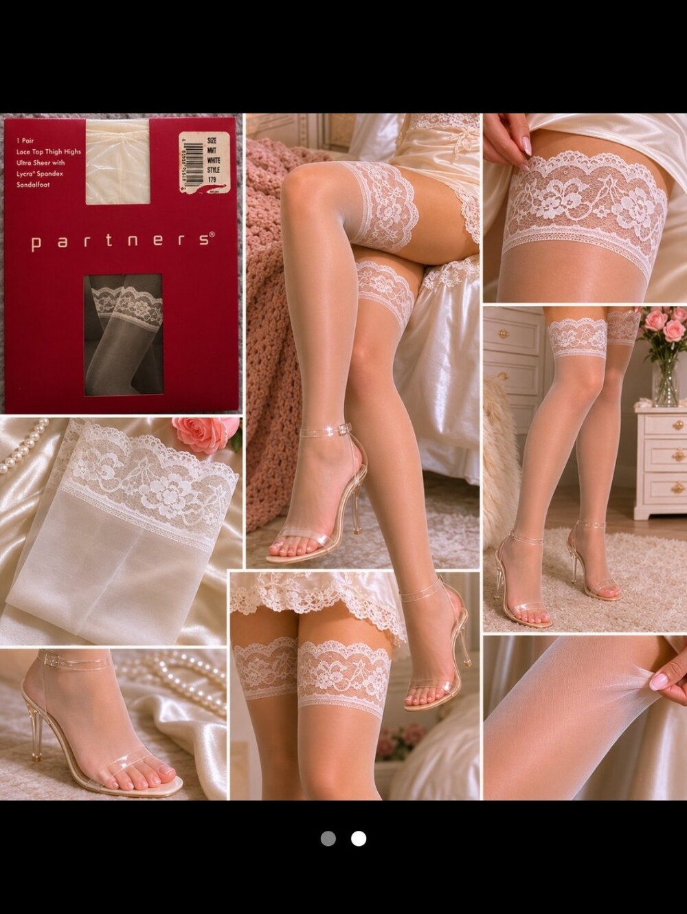 NWT ~ Vintage 90s White Lace Top Sheer Nylon Thigh Highs (Med/Tall)